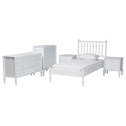 Baxton Studio Callison Spindle 5-Piece Bedroom Set - Farmhouse Platform Bed with Matching Dresser, Chest, and 2-Drawer Nightstands, White, Twin